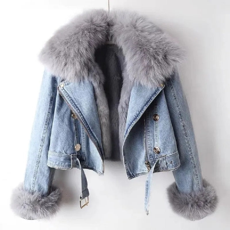 light blue jean jacket with fur