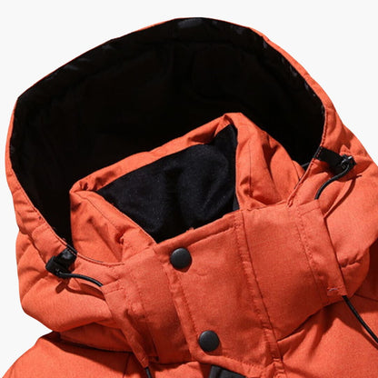 Classic black down jacket with modern design features.