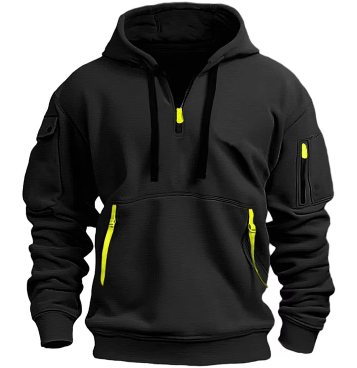 black hoodie with quarter zip