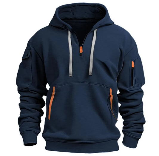 dark blue hoodie with quarter zip