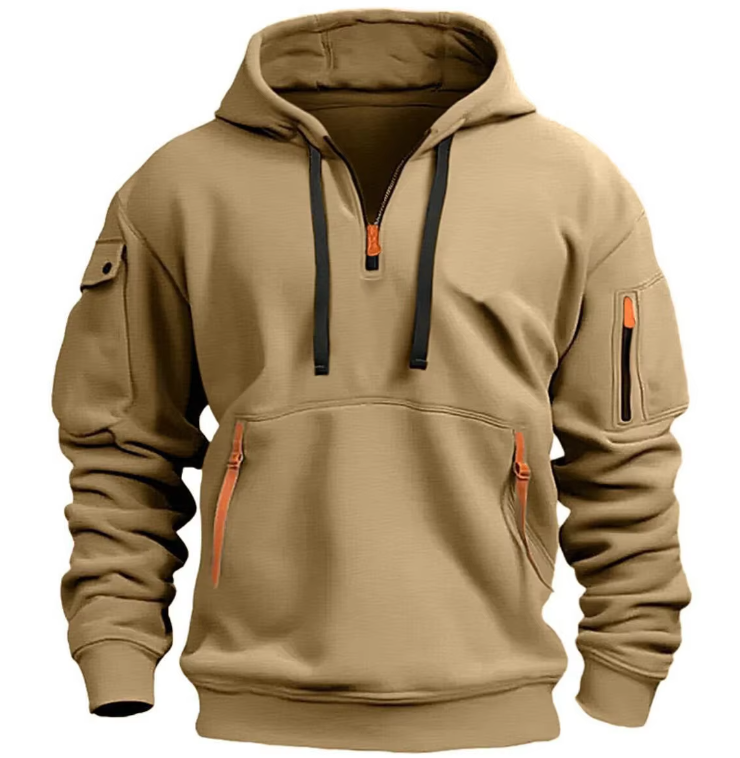 khaki hoodie with quarter zip