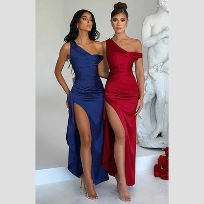 red maxi dress and blue maxi dress